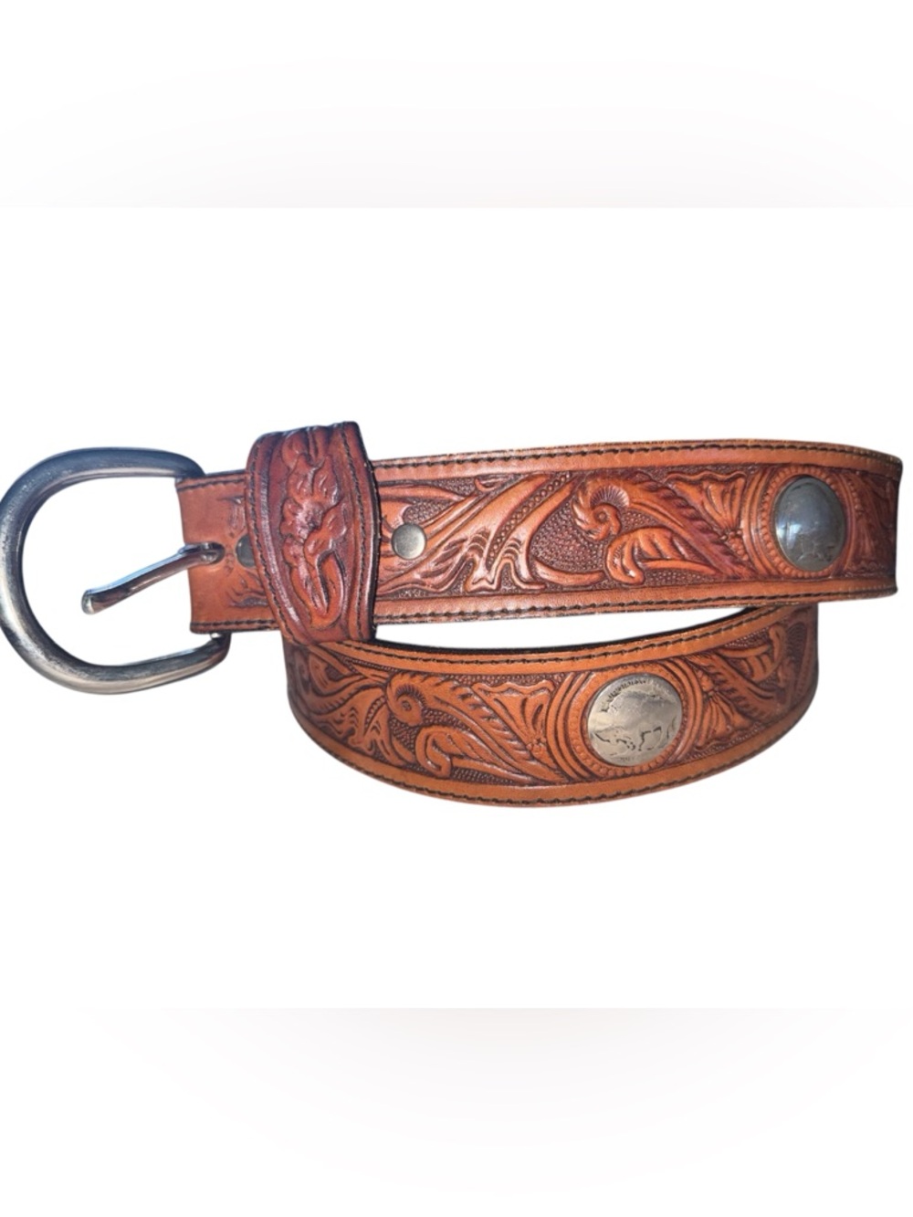 Silver Creek Buffalo nickels Tooled Leather Men's Belt - Brown 🦬